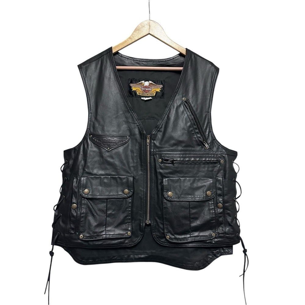 Harley Davidson Men's Black Leather Side-lace Blue Knights NJ I Riding Vest XL